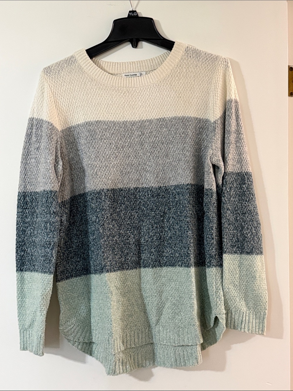 Pink Clover Striped Crewneck Sweater in Cream, Gray & Mint